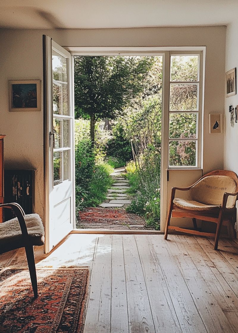 a photo showing a danish home with classic scandinavian design and the room has doors open to the garden that is seen