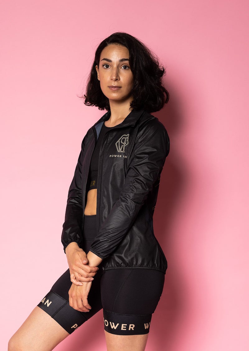 Wind Jacket by Power Woman in the hand-printed Gold Tiger Collection is a light-weight jacket that can easily be folded into your bag or pocket. Snug fit with 4-way stretch material perfect for running, skiing or biking.
