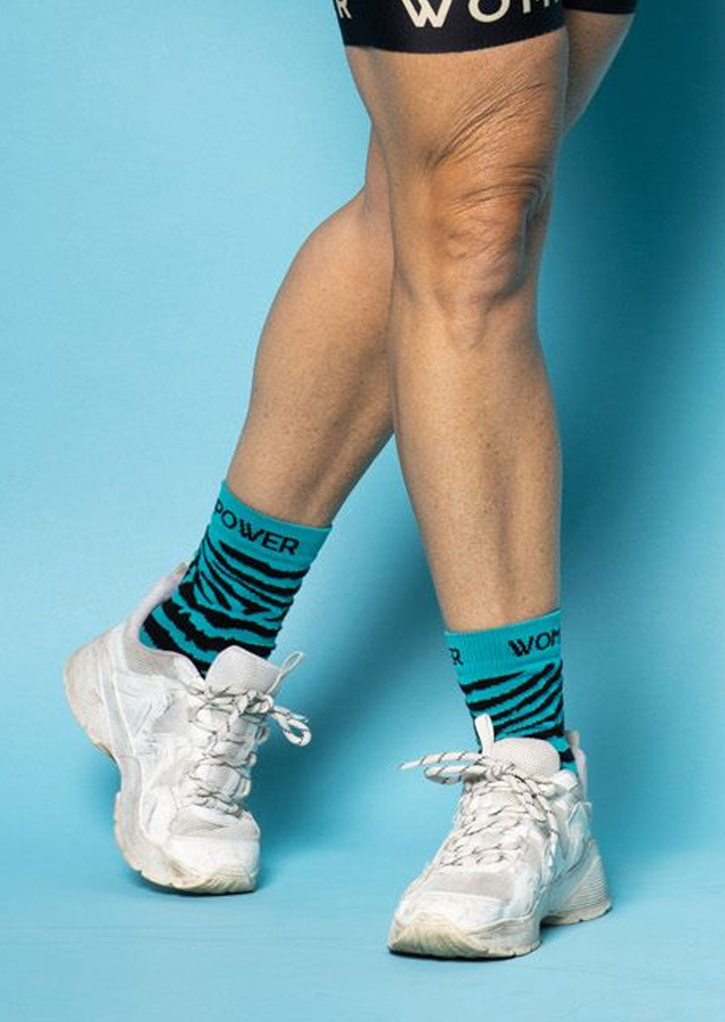 The Zebra Collection Cycling Sock in Turqoise by Power Woman, is a high quality cycling sock with the maximum comfort and and a pleasant muscle support.