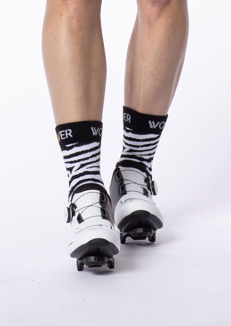 The Zebra Collection Cycling Sock in White by Power Woman, is a high quality cycling sock with the maximum comfort and and a pleasant muscle support.